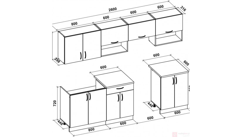 VIOLA 260 mdf blizgi Virtuvės baldų komplektas